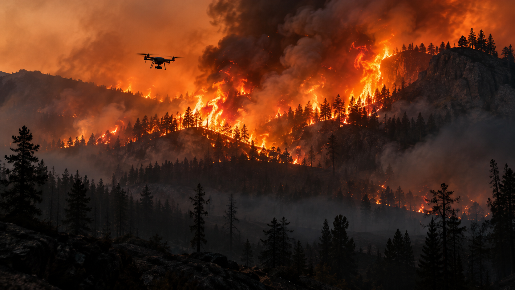 AI-generated illustration of a wildfire with an observation drone