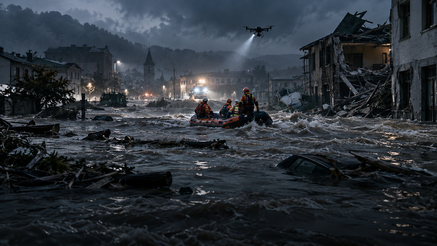 AI-generated illustration of responders in a flooded city with an observation drone